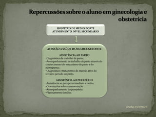 HOSPITAIS DE MÉDIO PORTE
      ATENDIMENTO NÍVEL SECUNDÁRIO




 ATENÇÃO A SAÚDE DA MULHER GESTANTE

             ASSISTÊNCIA AO PARTO
•Diagnóstico de trabalho de parto;
•Acompanhamento de trabalho de parto através do
conhecimento do mecanismo de parto e do
partograma;
•Diagnóstico e tratamento do manejo ativo do
terceiro período do parto.

         ASSISTÊNCIA AO PUERPÉRIO
•Assistência ao puerpério imediato e tardio;
•Orientações sobre amamentação
•Acompanhamento do puerpério;
•Planejamento familiar.




                                                  Chirlei A Ferreira
 