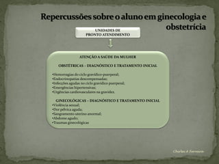 UNIDADES DE
                     PRONTO ATENDIMENTO




                 ATENÇÃO A SAÚDE DA MULHER

    OBSTÉTRICAS – DIAGNÓSTICO E TRATAMENTO INICIAL

•Hemorragias do ciclo gravídico-puerperal;
•Endocrinopatias descompensadas;
•Infecções agudas no ciclo gravídico puerperal;
•Emergências hipertensivas;
•Urgências cardiovasculares na gravidez.

  GINECOLÓGICAS – DIAGNÓSTICO E TRATAMENTO INICIAL
•Violência sexual;
•Dor pélvica aguda;
•Sangramento uterino anormal;
•Abdome agudo;
•Traumas ginecológicas




                                                     Chirlei A Ferreira
 