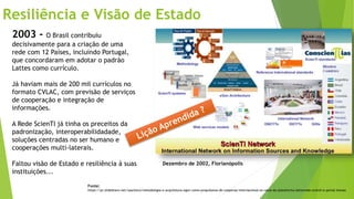 Resiliência e Visão de Estado
2003 - O Brasil contribuiu
decisivamente para a criação de uma
rede com 12 Países, incluindo...