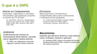 O que é o SNPG
Atores ou Componentes
Instituições, organizações e indivíduos
relacionados à pós-graduação (atuantes
no sistema de CTI do País).
Ex. estudantes, docentes, coordenadores,
técnicos, pró-reitores, IES, CAPES, CNPq,
FINEP, CAPES, MEC, Editoras, INPI, IBICT,
CGEE, RNP.
Estrutura
Relacionamentos e infraestrutura
compartilhados pelos atores institucionais
e individuais da pós-graduação.
Ex. Credenciamento CAPES, Avaliação CAPES,
Fomentos CNPq/FAP/FINEP/CAPES,
Orientações, Egressos, Rede RNP, etc.
Ambiente
Condicionantes de contexto ao
funcionamento desse sistema, incluindo
marco regulatório e planos setoriais.
Ex. PNPG, Leis, Regimentos, Economias
regionais e nacional, Política industrial
Mecanismos
Indutores que oferecem dinâmica a esse sistema,
como a avaliação, fomento e operação.
Ex. Avaliação CAPES, Editais e Chamadas de Fomento,
Processos seletivos dos PPGs, Fomento a projetos das
IES, Eventos científicos
 