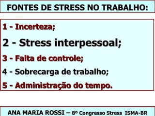 FONTES DE STRESS NO TRABALHO:

1 - Incerteza;

2 - Stress interpessoal;
3 - Falta de controle;
4 - Sobrecarga de trabalho;
5 - Administração do tempo.


 ANA MARIA ROSSI – 8º Congresso Stress ISMA-BR
 