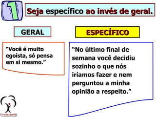 Seja específico ao invés de geral.

     GERAL              ESPECÍFICO

“Você é muito       “No último final de
egoísta, só pensa   semana você decidiu
em si mesmo.”
                    sozinho o que nós
                    iríamos fazer e nem
                    perguntou a minha
                    opinião a respeito.”
 
