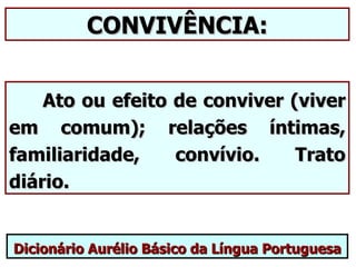 CONVIVÊNCIA:


    Ato ou efeito de conviver (viver
em comum); relações íntimas,
familiaridade,    convívio.    Trato
diário.


Dicionário Aurélio Básico da Língua Portuguesa
 