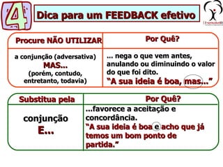 Dica para um FEEDBACK efetivo

Procure NÃO UTILIZAR                  Por Quê?

a conjunção (adversativa)   ... nega o que vem antes,
        MAS...              anulando ou diminuindo o valor
   (porém, contudo,         do que foi dito.
  entretanto, todavia)      “A sua ideia é boa, mas...”

 Substitua pela                       Por Quê?
                     ...favorece a aceitação e
  conjunção          concordância.
                     “A sua ideia é boa e acho que já
       E...          temos um bom ponto de
                     partida.”
 