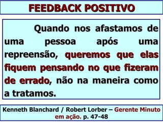 FEEDBACK POSITIVO

       Quando nos afastamos de
uma      pessoa   após     uma
repreensão, queremos que elas
fiquem pensando no que fizeram
de errado, não na maneira como
a tratamos.
Kenneth Blanchard / Robert Lorber – Gerente Minuto
                em ação. p. 47-48
 