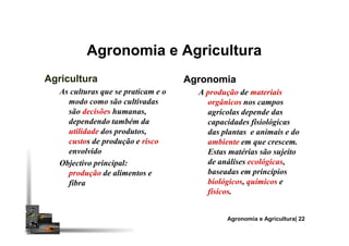 Agronomia e Agricultura
AgriculturaAgricultura
As culturas que se praticam e o
modo como são cultivadas
são decisões humanas,
dependendo também da
AgronomiaAgronomia
A produção de materiais
orgânicos nos campos
agrícolas depende das
capacidades fisiológicasdependendo também da
utilidade dos produtos,
custos de produção e risco
envolvido
Objectivo principal:
produção de alimentos e
fibra
capacidades fisiológicas
das plantas e animais e do
ambiente em que crescem.
Estas matérias são sujeito
de análises ecológicas,
baseadas em princípios
biológicos, químicos e
físicos.
Agronomia e Agricultura| 22
 