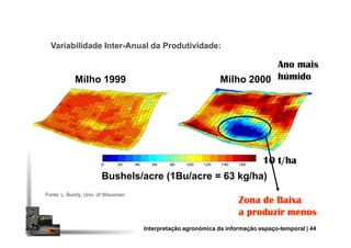 Variabilidade Inter-Anual da Produtividade:
Milho 1999 Milho 2000
Ano mais
húmido
Fonte: L. Bundy, Univ. of Wisconsin
Bushels/acre (1Bu/acre = 63 kg/ha)
10 t/ha
Zona de BaixaZona de BaixaZona de BaixaZona de Baixa
a produzir menosa produzir menosa produzir menosa produzir menos
Interpretação agronómica da informação espaço-temporal | 44
 