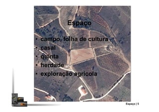 •• campo, folha de culturacampo, folha de cultura
•• casalcasal
•• quintaquinta
EspaçoEspaço
•• quintaquinta
•• herdadeherdade
•• exploração agrícolaexploração agrícola
Espaço | 5
 