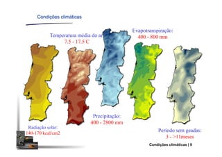 Temperatura média do ar:
7.5 - 17.5 C
Evapotranspiração:
400 - 800 mm
CondiçõesCondições climáticasclimáticas
Radiação solar:
140-170 kcal/cm2
Precipitação:
400 - 2800 mm
Período sem geadas:
3 - >11meses
Condições climáticas | 9
 