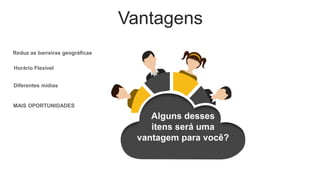 Horário Flexível
Reduz as barreiras geográficas
MAIS OPORTUNIDADES
Diferentes mídias
Vantagens
Alguns desses
itens será uma
vantagem para você?
 