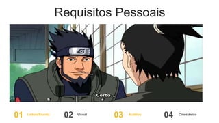 Requisitos Pessoais
01 02 03 04
Leitura/Escrita Visual Auditivo Cinestésico
 