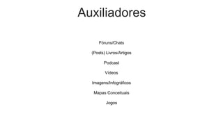 Auxiliadores
Fóruns/Chats
(Posts) Livros/Artigos
Podcast
Vídeos
Imagens/Infográficos
Mapas Conceituais
Jogos
 