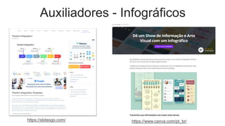 Auxiliadores - Infográficos
https://www.canva.com/pt_br/
https://slidesgo.com/
 