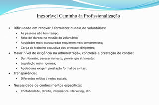 • Dificuldade em renovar / fortalecer quadro de voluntários:
• As pessoas não tem tempo;
• Falta de clareza na missão do voluntário;
• Atividades mais estruturadas requerem mais compromisso;
• Carga de trabalho exaustiva dos principais dirigentes;
• Maior nível de exigência na administração, controles e prestação de contas:
• Ser Honesto, parecer honesto, provar que é honesto;
• Legislação mais rigorosa;
• Apoiadores exigem prestação formal de contas;
• Transparência:
• Diferentes mídias / redes sociais;
• Necessidade de conhecimentos específicos:
• Contabilidade, Direito, informática, Marketing, etc.
Inexorável Caminho da Profissionalização
 