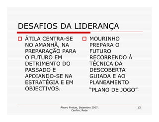 DESAFIOS DA LIDERANÇA
 ÁTILA CENTRA-SE                 MOURINHO
 NO AMANHÃ, NA                   PREPARA O
 PREPARAÇÃO PARA                 FUTURO
 O FUTURO EM                     RECORRENDO Á
 DETRIMENTO DO                   TÉCNICA DA
 PASSADO E                       DESCOBERTA
 APOIANDO-SE NA                  GUIADA E AO
 ESTRATÉGIA E EM                 PLANEAMENTO
 OBJECTIVOS.                     “PLANO DE JOGO”


           Álvaro Freitas, Setembro 2007,          13
                    Cenfim, Rede
 
