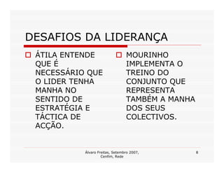 DESAFIOS DA LIDERANÇA
 ÁTILA ENTENDE                   MOURINHO
 QUE É                           IMPLEMENTA O
 NECESSÁRIO QUE                  TREINO DO
 O LIDER TENHA                   CONJUNTO QUE
 MANHA NO                        REPRESENTA
 SENTIDO DE                      TAMBÉM A MANHA
 ESTRATÉGIA E                    DOS SEUS
 TÁCTICA DE                      COLECTIVOS.
 ACÇÃO.


           Álvaro Freitas, Setembro 2007,         8
                    Cenfim, Rede
 