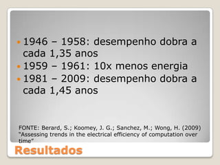  1946 – 1958: desempenho dobra a
  cada 1,35 anos
 1959 – 1961: 10x menos energia
 1981 – 2009: desempenho dobra a
  cada 1,45 anos


FONTE: Berard, S.; Koomey, J. G.; Sanchez, M.; Wong, H. (2009)
“Assessing trends in the electrical efficiency of computation over
time”

Resultados
 