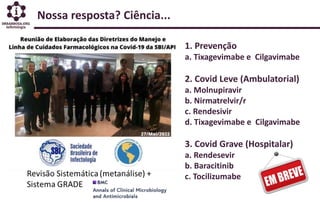 1. Prevenção
a. Tixagevimabe e Cilgavimabe
2. Covid Leve (Ambulatorial)
a. Molnupiravir
b. Nirmatrelvir/r
c. Rendesivir
d. Tixagevimabe e Cilgavimabe
3. Covid Grave (Hospitalar)
a. Rendesevir
b. Baracitinib
c. Tocilizumabe
Nossa resposta? Ciência...
 