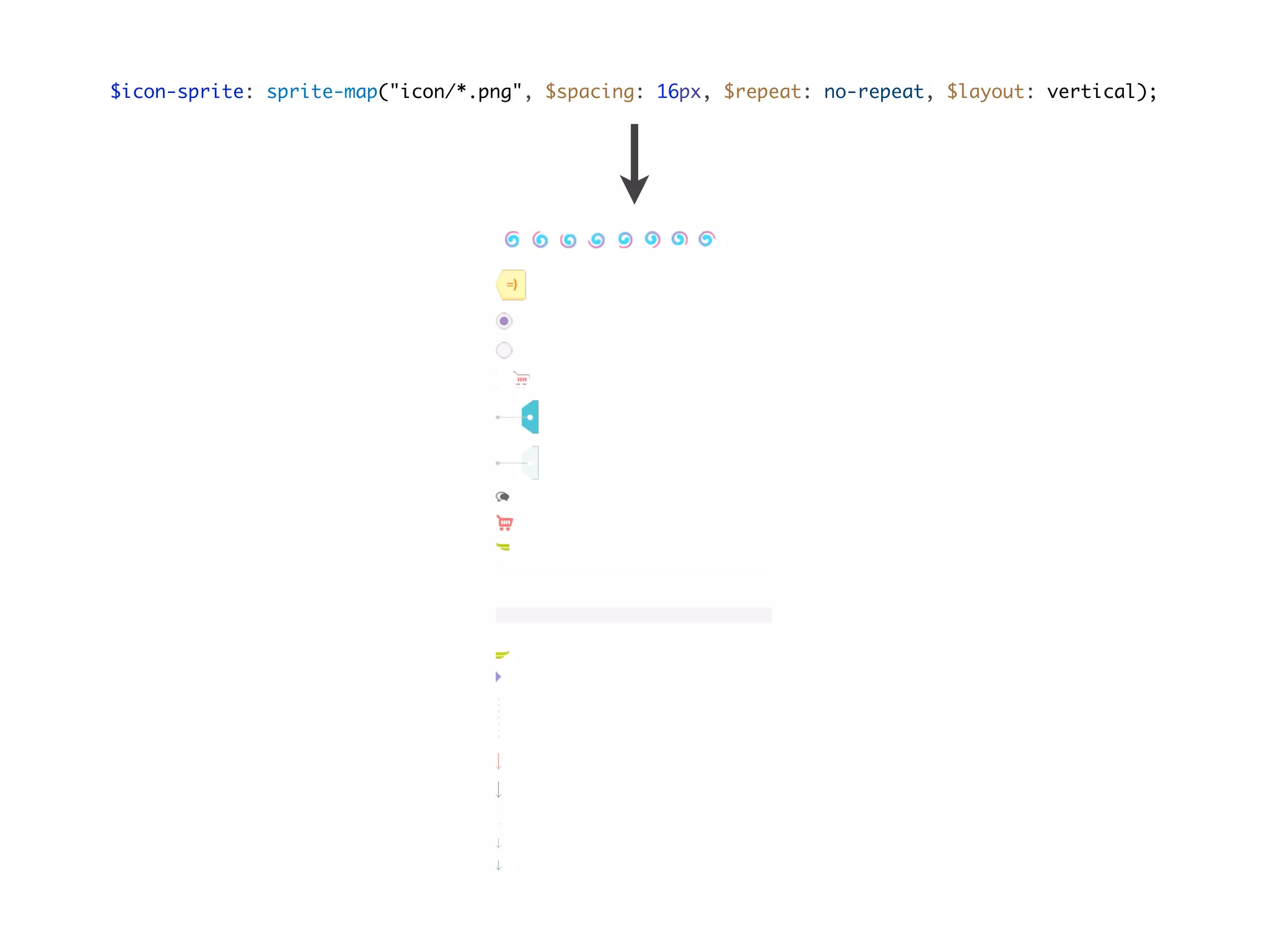 $icon-sprite: sprite-map("icon/*.png", $spacing: 16px, $repeat: no-repeat, $layout: vertical);
 
