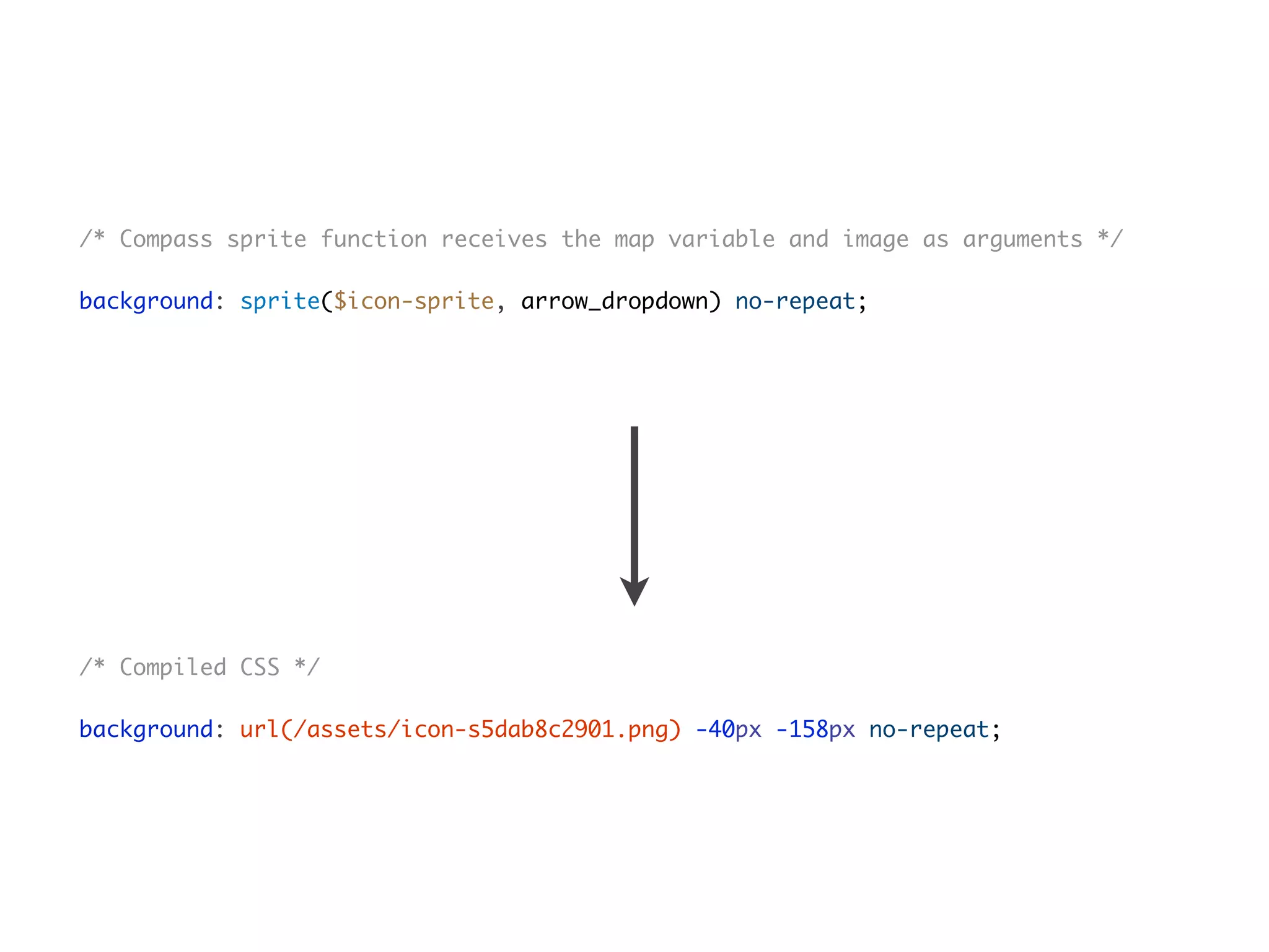 /* Compass sprite function receives the map variable and image as arguments */
background: sprite($icon-sprite, arrow_dropdown) no-repeat;
/* Compiled CSS */
background: url(/assets/icon-s5dab8c2901.png) -40px -158px no-repeat;
 