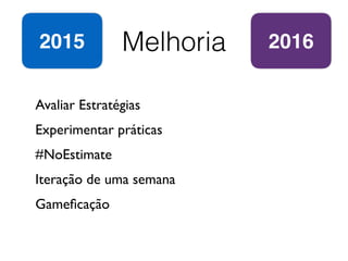 Melhoria2015
Avaliar Estratégias
Experimentar práticas
#NoEstimate
Iteração de uma semana
Gameﬁcação
2016
 