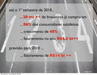até o 1º semestre de 2010...
                                  ... 20 mi ++ de brasileiros já compraram
                                   ... 86% dos consumidores satisfeitos
                                   ... crescimento de 40%
                                   ... faturamento no ano R$6,5 bi++

               previsão para 2010 ...
                                   ... faturamento de R$14 bi ++


                                                                          fonte: ebit
segunda-feira, 13 de setembro de 2010
 