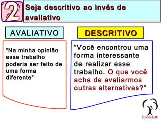 DESCRITIVODESCRITIVOAVALIATIVO
““Na minha opiniãoNa minha opinião
esse trabalhoesse trabalho
poderia ser feito depoderia ser feito de
uma formauma forma
diferente”diferente”
“Você encontrou uma
forma interessante
de realizar esse
trabalho. O que você
acha de avaliarmos
outras alternativas?”
Seja descritivo ao invés deSeja descritivo ao invés de
avaliativoavaliativo
 