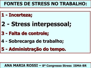 1 - Incerteza;
2 - Stress interpessoal;
3 - Falta de controle;
4 - Sobrecarga de trabalho;
5 - Administração do tempo.
ANA MARIA ROSSI – 8º Congresso Stress ISMA-BR
FONTES DE STRESS NO TRABALHO:
 