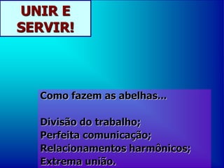 UNIR E
SERVIR!
Como fazem as abelhas...
Divisão do trabalho;
Perfeita comunicação;
Relacionamentos harmônicos;
Extrema união.
 