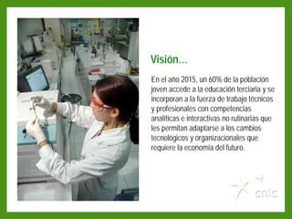 Visión…
En el año 2015, un 60% de la población
joven accede a la educación terciaria y se
incorporan a la fuerza de trabajo técnicos
y profesionales con competencias
analíticas e interactivas no rutinarias que
les permitan adaptarse a los cambios
tecnológicos y organizacionales que
requiere la economía del futuro.
 
