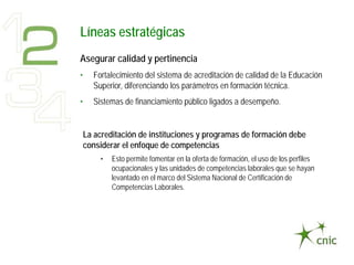 Líneas estratégicas
Asegurar calidad y pertinencia
•     Fortalecimiento del sistema de acreditación de calidad de la Educación
      Superior, diferenciando los parámetros en formación técnica.
•     Sistemas de financiamiento público ligados a desempeño.


    La acreditación de instituciones y programas de formación debe
    considerar el enfoque de competencias
        •   Esto permite fomentar en la oferta de formación, el uso de los perfiles
            ocupacionales y las unidades de competencias laborales que se hayan
            levantado en el marco del Sistema Nacional de Certificación de
            Competencias Laborales.
 