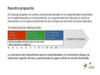Nuestra propuesta
El Consejo propone un camino al desarrollo basado en la competitividad sustentada
en el capital humano y el conocimiento, en la generación de valor por la vía de la
innovación y en el aprovechamiento de las ventajas de nuestros recursos naturales.

ESTRATEGIA DE INNOVACIÓN
 Capital               Innovación            Ciencia de base
 Humano                Empresarial           con orientación
 de calidad            (creación de valor)   estratégica
                                                               COMPETITIVIDAD
 Institucionalidad eficiente para la innovación
 (foco especial en regiones)
S E L E C T I V I D                               A    D


La relevancia del conocimiento para la competitividad y el crecimiento otorga a la
educación superior (técnica y profesional) un papel central en nuestro desarrollo.
 