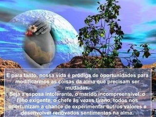 E para tanto, nossa vida é pródiga de oportunidades para modificarmos as coisas da alma que precisam ser mudadas. Seja a esposa intolerante, o marido incompreensível, o filho exigente, o chefe às vezes tirano, todos nos oportunizam a chance de experimentar outros valores e desenvolver renovados sentimentos na alma. 