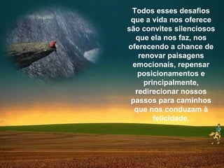Todos esses desafios que a vida nos oferece são convites silenciosos que ela nos faz, nos oferecendo a chance de renovar paisagens emocionais, repensar posicionamentos e principalmente, redirecionar nossos passos para caminhos que nos conduzam à felicidade. 
