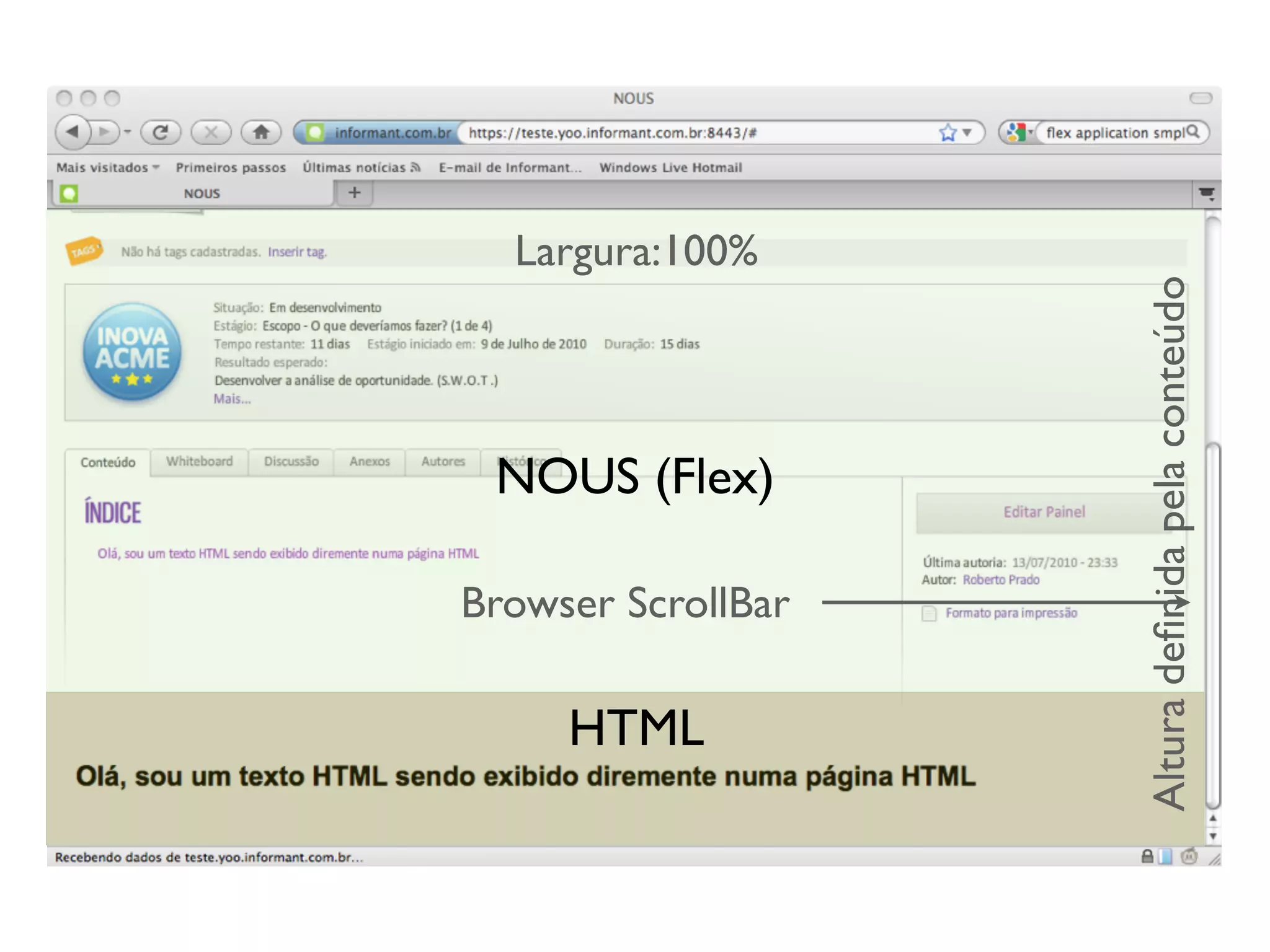 Largura:100%




                    Altura deﬁnida pela conteúdo
 NOUS (Flex)

Browser ScrollBar

     HTML
 