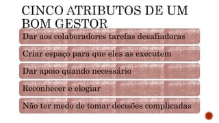 Dar aos colaboradores tarefas desafiadoras
Criar espaço para que eles as executem
Dar apoio quando necessário
Reconhecer e elogiar
Não ter medo de tomar decisões complicadas
 