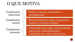 Condutores
materiais
•Salário, bônus, promoções e
recompensas
Condutores
sociais
•Reconhecimento pelas conquistas,
status e ter bons colegas
Condutores
pessoais
•Liberdade para agir, oportunidade
para criar especialização e
trabalhar por uma causa justa
 