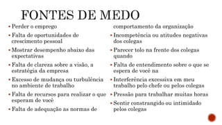  Perder o emprego
 Falta de oportunidades de
crescimento pessoal
 Mostrar desempenho abaixo das
expectativas
 Falta de clareza sobre a visão, a
estratégia da empresa
 Excesso de mudança ou turbulência
no ambiente de trabalho
 Falta de recursos para realizar o que
esperam de você
 Falta de adequação as normas de
comportamento da organização
 Incompetência ou atitudes negativas
dos colegas
 Parecer tolo na frente dos colegas
quando
 Falta de entendimento sobre o que se
espera de você na
 Interferência excessiva em meu
trabalho pelo chefe ou pelos colegas
 Pressão para trabalhar muitas horas
 Sentir constrangido ou intimidado
pelos colegas
 