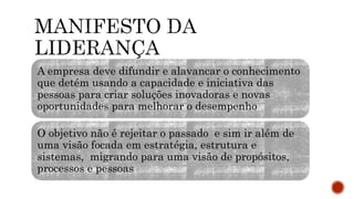 A empresa deve difundir e alavancar o conhecimento
que detém usando a capacidade e iniciativa das
pessoas para criar soluções inovadoras e novas
oportunidades para melhorar o desempenho
O objetivo não é rejeitar o passado e sim ir além de
uma visão focada em estratégia, estrutura e
sistemas, migrando para uma visão de propósitos,
processos e pessoas
 