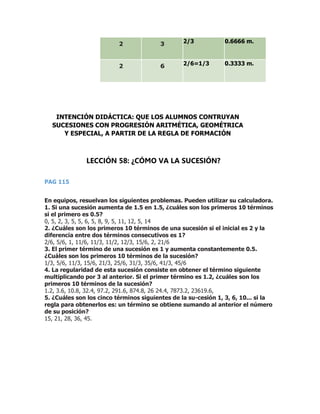 2 3 2/3 0.6666 m.
2 6 2/6=1/3 0.3333 m.
PAG 115
En equipos, resuelvan los siguientes problemas. Pueden utilizar su calculadora.
1. Si una sucesión aumenta de 1.5 en 1.5, ¿cuáles son los primeros 10 términos
si el primero es 0.5?
0, 5, 2, 3, 5, 5, 6, 5, 8, 9, 5, 11, 12, 5, 14
2. ¿Cuáles son los primeros 10 términos de una sucesión si el inicial es 2 y la
diferencia entre dos términos consecutivos es 1?
2/6, 5/6, 1, 11/6, 11/3, 11/2, 12/3, 15/6, 2, 21/6
3. El primer término de una sucesión es 1 y aumenta constantemente 0.5.
¿Cuáles son los primeros 10 términos de la sucesión?
1/3, 5/6, 11/3, 15/6, 21/3, 25/6, 31/3, 35/6, 41/3, 45/6
4. La regularidad de esta sucesión consiste en obtener el término siguiente
multiplicando por 3 al anterior. Si el primer término es 1.2, ¿cuáles son los
primeros 10 términos de la sucesión?
1.2, 3.6, 10.8, 32.4, 97.2, 291.6, 874.8, 26 24.4, 7873.2, 23619.6,
5. ¿Cuáles son los cinco términos siguientes de la su-cesión 1, 3, 6, 10... si la
regla para obtenerlos es: un término se obtiene sumando al anterior el número
de su posición?
15, 21, 28, 36, 45.
INTENCIÓN DIDÁCTICA: QUE LOS ALUMNOS CONTRUYAN
SUCESIONES CON PROGRESIÓN ARITMÉTICA, GEOMÉTRICA
Y ESPECIAL, A PARTIR DE LA REGLA DE FORMACIÓN
LECCIÓN 58: ¿CÓMO VA LA SUCESIÓN?
 