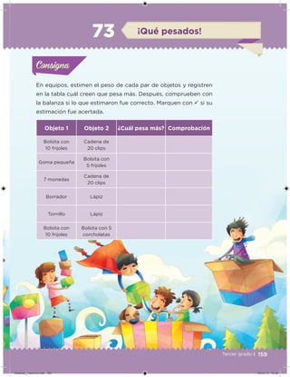 159Tercer grado |
En equipos, estimen el peso de cada par de objetos y registren
en la tabla cuál creen que pesa más. Después, comprueben con
la balanza si lo que estimaron fue correcto. Marquen con ü si su
estimación fue acertada.
Objeto 1 Objeto 2 ¿Cuál pesa más? Comprobación
Bolsita con
10 frijoles
Cadena de
20 clips
Goma pequeña
Bolsita con
5 frijoles
7 monedas
Cadena de
20 clips
Borrador Lápiz
Tornillo Lápiz
Bolsita con
10 frijoles
Bolsita con 5
corcholatas
Acividad 1Acividad 1Consigna 1Consigna 1
Acividad 2Acividad 2Consigna 2Consigna 2
Acividad 3Acividad 3Consigna 3Consigna 3
Acividad 4Acividad 4Consigna 4Consigna 4
ConsignaConsigna
73 ¡Qué pesados!
Acividad 1Acividad 1Consigna 1Consigna 1
Acividad 2Acividad 2Consigna 2Consigna 2
Acividad 3Acividad 3Consigna 3Consigna 3
Acividad 4Acividad 4Consigna 4Consigna 4
ConsignaConsigna
Desafios_3 alumno.indb 159 04/07/13 10:26
 