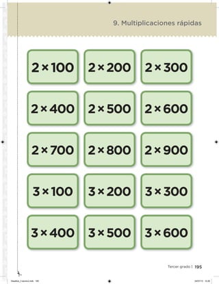 195Tercer grado |
9. Multiplicaciones rápidas
2×100
2×400
2×700
3×100
3×400
2×200
2×500
2×800
3×200
3×500
2×300
2×600
2×900
3×300
3×600
Desafios_3 alumno.indb 195 04/07/13 10:26
 