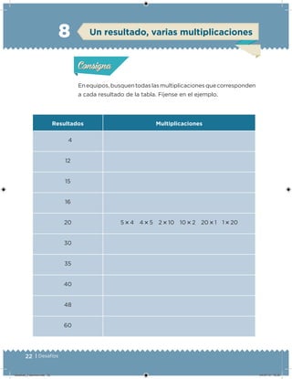 22 | Desafíos
Enequipos,busquentodaslasmultiplicacionesquecorresponden
a cada resultado de la tabla. Fíjense en el ejemplo.
Resultados Multiplicaciones
4
12
15
16
20 5  4 4  5 2  10 10  2 20  1 1  20
30
35
40
48
60
8
Acividad 1Acividad 1
Acividad 2Acividad 2
Acividad 3Acividad 3
Acividad 4Acividad 4
Consigna 1Consigna 1
Consigna 2Consigna 2
Consigna 3Consigna 3
Consigna 4Consigna 4
ConsignaConsigna
Acividad 1Acividad 1
Acividad 2Acividad 2
Acividad 3Acividad 3
Acividad 4Acividad 4
Consigna 1Consigna 1
Consigna 2Consigna 2
Consigna 3Consigna 3
Consigna 4Consigna 4
ConsignaConsigna
Un resultado, varias multiplicaciones
Desafios_3 alumno.indb 22 04/07/13 10:25
 