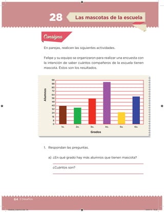 64 | Desafíos
En parejas, realicen las siguientes actividades.
Felipe y su equipo se organizaron para realizar una encuesta con
la intención de saber cuántos compañeros de la escuela tienen
mascota. Éstos son los resultados.
1. Respondan las preguntas.
a) ¿En qué grado hay más alumnos que tienen mascota?
¿Cuántos son?
Acividad 1Acividad 1
Acividad 2Acividad 2
Acividad 3Acividad 3
Acividad 4Acividad 4
Consigna 1Consigna 1
Consigna 2Consigna 2
Consigna 3Consigna 3
Consigna 4Consigna 4
ConsignaConsigna
28 Las mascotas de la escuela
Acividad 1Acividad 1
Acividad 2Acividad 2
Acividad 3Acividad 3
Acividad 4Acividad 4
Consigna 1Consigna 1
Consigna 2Consigna 2
Consigna 3Consigna 3
Consigna 4Consigna 4
ConsignaConsigna
Desafios_3 alumno.indb 64 04/07/13 10:25
 