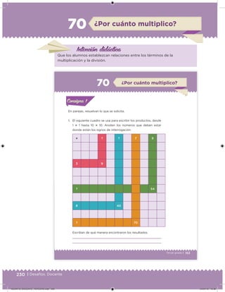 230 | Desafíos. Docente
¿Por cuánto multiplico?70
Intención didácica
Que los alumnos establezcan relaciones entre los términos de la
multiplicación y la división.
153Tercer grado |
En parejas, resuelvan lo que se solicita.
1. El siguiente cuadro se usa para escribir los productos, desde
1  1 hasta 10  10. Anoten los números que deben estar
donde están los signos de interrogación.
Escriban de qué manera encontraron los resultados.
 ? ? 7 9
3 9
? 54
8 40
? 70
Acividad 1Acividad 1Consigna 1Consigna 1
Acividad 2Acividad 2Consigna 2Consigna 2
Acividad 3Acividad 3Consigna 3Consigna 3
Acividad 4Acividad 4Consigna 4Consigna 4
ConsignaConsigna
70 ¿Por cuánto multiplico?
Acividad 1Acividad 1Consigna 1Consigna 1
Acividad 2Acividad 2Consigna 2Consigna 2
Acividad 3Acividad 3Consigna 3Consigna 3
Acividad 4Acividad 4Consigna 4Consigna 4
ConsignaConsigna
DESAFIO_DOCENTE_TERCERO.indd 230 04/07/13 10:39
 