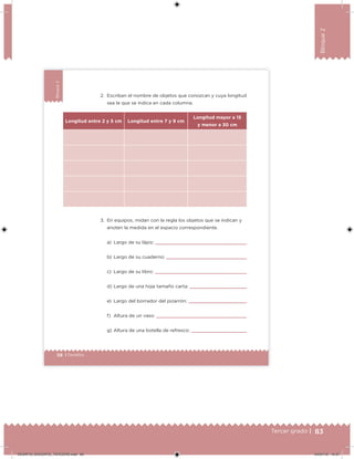 83Tercer grado |
Bloque2
58 | Desafíos
Bloque2
2. Escriban el nombre de objetos que conozcan y cuya longitud
sea la que se indica en cada columna.
3. En equipos, midan con la regla los objetos que se indican y
anoten la medida en el espacio correspondiente.
a) Largo de su lápiz:
b) Largo de su cuaderno:
c) Largo de su libro:
d) Largo de una hoja tamaño carta:
e) Largo del borrador del pizarrón:
f) Altura de un vaso:
g) Altura de una botella de refresco:
Longitud entre 2 y 5 cm Longitud entre 7 y 9 cm
Longitud mayor a 15
y menor a 30 cm
DESAFIO_DOCENTE_TERCERO.indd 83 04/07/13 10:37
 