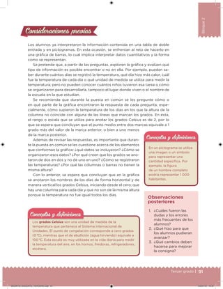 91Tercer grado |
Bloque2
Los alumnos ya interpretaron la información contenida en una tabla de doble
entrada y en pictogramas. En esta ocasión, se enfrentan al reto de hacerlo en
una gráica de barras, lo cual implica interpretar datos cuantitativos y la forma
como se representan.
Se pretende que, a partir de las preguntas, exploren la gráica y evalúen qué
tipo de información es posible encontrar o no en ella. Por ejemplo, pueden sa-
ber durante cuántos días se registró la temperatura, qué día hizo más calor, cuál
fue la temperatura de cada día o qué unidad de medida se utiliza para medir la
temperatura; pero no pueden conocer cuántos niños tuvieron esa tarea o cómo
se organizaron para desarrollarla, tampoco el lugar donde viven o el nombre de
la escuela en la que estudian.
Se recomienda que durante la puesta en común se les pregunte cómo o
en qué parte de la gráica encontraron la respuesta de cada pregunta; espe-
cialmente, cómo supieron la temperatura de los días en los que la altura de la
columna no coincide con alguna de las líneas que marcan los grados. En ésta,
el rango o escala que se utiliza para anotar los grados Celsius es de 2, por lo
que se espera que concluyan que el punto medio entre dos marcas equivale a 1
grado más del valor de la marca anterior, o bien a uno menos
de la marca posterior.
Además de revisar las respuestas, es importante que duran-
te la puesta en común se les cuestione acerca de los elementos
que conforman la gráica: ¿qué datos se incluyeron? ¿Cómo se
organizaron esos datos? ¿Por qué creen que los grados se ano-
taron de dos en dos y no de uno en uno? ¿Cómo se registraron
las temperaturas? ¿Por qué las columnas o barras no tienen la
misma altura?
Con lo anterior, se espera que concluyan que en la gráica
se anotaron los nombres de los días de forma horizontal y de
manera vertical los grados Celsius, iniciando desde el cero; que
hay una columna para cada día y que no son de la misma altura
porque la temperatura no fue igual todos los días.
Consideraciones previasConsideraciones previas
Los grados Celsius son una unidad de medida de la
temperatura que pertenece al Sistema Internacional de
Unidades. El punto de congelación corresponde a cero grados
(0 °C), mientras que el de ebullición (agua hirviendo) equivale a
100 °C. Esta escala es muy utilizada en la vida diaria para medir
la temperatura del aire, en los hornos, freidoras, refrigeradores,
etcétera.
Conceptos y deﬁnicionesConceptos y deﬁniciones
1. ¿Cuáles fueron las
dudas y los errores
más frecuentes de los
alumnos?
2. ¿Qué hizo para que
los alumnos pudieran
avanzar?
3. ¿Qué cambios deben
hacerse para mejorar
la consigna?
Observaciones
posteriores
En un pictograma se utiliza
una imagen o un símbolo
para representar una
cantidad especíica. Por
ejemplo, la igura
de un hombre completo
podría representar 1 000
habitantes.
Conceptos y deﬁnicionesConceptos y deﬁniciones
DESAFIO_DOCENTE_TERCERO.indd 91 04/07/13 10:37
 