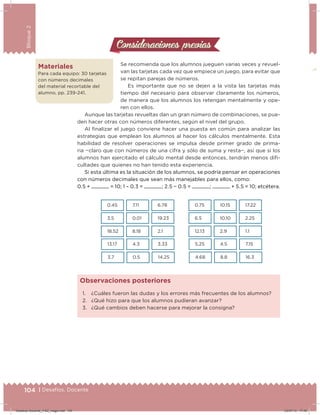 104 | Desafíos. Docente
Bloque2
Consideraciones previasConsideraciones previas
Se recomienda que los alumnos jueguen varias veces y revuel-
van las tarjetas cada vez que empiece un juego, para evitar que
se repitan parejas de números.
Es importante que no se dejen a la vista las tarjetas más
tiempo del necesario para observar claramente los números,
de manera que los alumnos los retengan mentalmente y ope-
ren con ellos.
Aunque las tarjetas revueltas dan un gran número de combinaciones, se pue-
den hacer otras con números diferentes, según el nivel del grupo.
Al inalizar el juego conviene hacer una puesta en común para analizar las
estrategias que emplean los alumnos al hacer los cálculos mentalmente. Esta
habilidad de resolver operaciones se impulsa desde primer grado de prima-
ria −claro que con números de una cifra y sólo de suma y resta−, así que si los
alumnos han ejercitado el cálculo mental desde entonces, tendrán menos dii-
cultades que quienes no han tenido esta experiencia.
Si esta última es la situación de los alumnos, se podría pensar en operaciones
con números decimales que sean más manejables para ellos, como:
0.5 + = 10; 1 – 0.3 = ; 2.5 − 0.5 = ; + 5.5 = 10; etcétera.
Materiales
Para cada equipo: 30 tarjetas
con números decimales
del material recortable del
alumno, pp. 239-241.
0.45 7.11 6.78
3.5 0.01 19.23
18.52 8.18 2.1
13.17 4.3 3.33
3.7 0.5 14.25
0.75 10.15 17.22
6.5 10.10 2.25
12.13 2.9 1.1
5.25 4.5 7.15
4.68 8.8 16.3
1. ¿Cuáles fueron las dudas y los errores más frecuentes de los alumnos?
2. ¿Qué hizo para que los alumnos pudieran avanzar?
3. ¿Qué cambios deben hacerse para mejorar la consigna?
Observaciones posteriores
104 | Desafíos. Docente
Desafios-Docente_4-B2_maga.indd 104 03/07/13 17:49
 