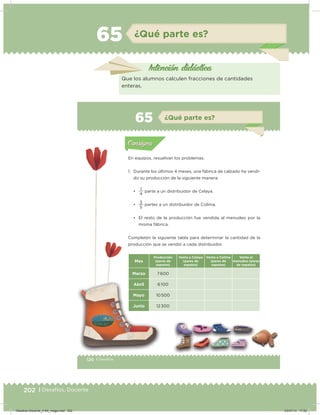 202 | Desafíos. Docente
65 ¿Qué parte es?
Intención didácica
Que los alumnos calculen fracciones de cantidades
enteras.
120 | Desafíos
Actividad 1
En equipos, resuelvan los problemas.
1. Durante los últimos 4 meses, una fábrica de calzado ha vendi-
do su producción de la siguiente manera:
•
4
1
parte a un distribuidor de Celaya.
•
5
3
partes a un distribuidor de Colima.
• El resto de la producción fue vendida al menudeo por la
misma fábrica.
Completen la siguiente tabla para determinar la cantidad de la
producción que se vendió a cada distribuidor.
Mes
Producción
(pares de
zapatos)
Venta a Celaya
(pares de
zapatos)
Venta a Colima
(pares de
zapatos)
Venta al
menudeo (pares
de zapatos)
Marzo 7 600
Abril 6 100
Mayo 10 500
Junio 12 300
Acividad 1Acividad 1
Acividad 2Acividad 2
Acividad 3Acividad 3
Acividad 4Acividad 4
Consigna 1Consigna 1
Consigna 2Consigna 2
Consigna 3Consigna 3
Consigna 4Consigna 4
ConsignaConsigna
65 ¿Qué parte es?
Acividad 1Acividad 1
Acividad 2Acividad 2
Acividad 3Acividad 3
Acividad 4Acividad 4
Consigna 1Consigna 1
Consigna 2Consigna 2
Consigna 3Consigna 3
Consigna 4Consigna 4
ConsignaConsigna
Desafios-Docente_4-B4_maga.indd 202 03/07/13 17:52
 