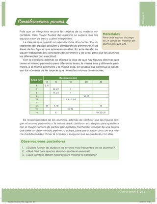 261
Bloque4
Cuarto grado | 261Cuarto grado |
Pida que un integrante recorte las tarjetas de su material re-
cortable. Para mayor ﬂuidez del ejercicio se sugiere que los
equipos sean de tres o cuatro integrantes.
La idea es que cuando un alumno tome dos cartas, los in-
tegrantes del equipo calculen y comparen los perímetros y las
áreas de las iguras que aparecen en ellas. En este desafío se
siguen trabajando los conceptos de perímetro y de área, para que los alumnos
los diferencien con exactitud.
Con la consigna además se aianza la idea de que hay iguras distintas que
tienen el mismo perímetro pero diferentes áreas; la misma área y diferente perí-
metro, o el mismo perímetro y la misma área. En la tabla que continúa se obser-
van los números de las tarjetas que tienen las mismas dimensiones:
Área (u2
)
Perímetro (u)
14 16 18 20 22
6 2, 6
7 16, 22 7
8 14, 23 1
9 10, 17
10 3, 9, 11, 24
11
12 12 4, 18 13
13 8, 15
14 5 19, 20, 21
Es responsabilidad de los alumnos, además de veriicar que las iguras ten-
gan el mismo perímetro o la misma área, construir estrategias para quedarse
con el mayor número de cartas; por ejemplo, memorizar el lugar de una tarjeta
que tiene un determinado perímetro o área, para que al sacar otra con esa mis-
ma medida puedan tomar la primera y asegurar que se quedarán con ellas.
Consideraciones previasConsideraciones previas
1. ¿Cuáles fueron las dudas y los errores más frecuentes de los alumnos?
2. ¿Qué hizo para que los alumnos pudieran avanzar?
3. ¿Qué cambios deben hacerse para mejorar la consigna?
Observaciones posteriores
Materiales
Para cada equipo: un juego
de 24 cartas del material del
alumno, pp. 223-225.
Desafios-Docente_4-B4_maga.indd 261 03/07/13 17:52
 